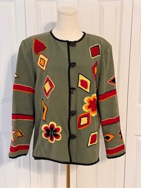 Vintage Patchington Army Green Embroidered Button Front Jacket with red yellow M
